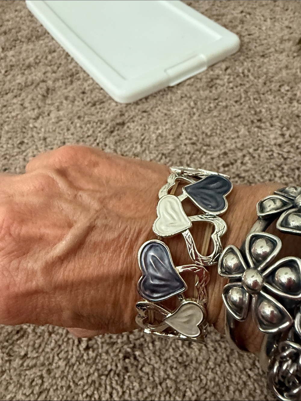 Silver Heart Link Bracelet with Black Enamel Accents